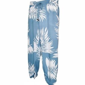 Santiki Sea Quest Sea Blue & White Tropical Leaf Drawstring Elastic Waist Pants